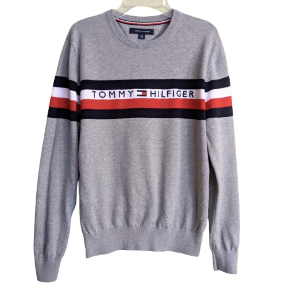 Tommy Hilfiger Sweater Heathered Gray Crew Neck Blue Logo Spell-out On Front